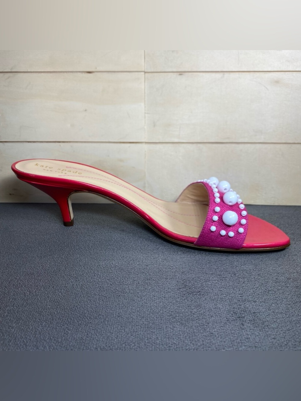 Kate Spade Chance Pink Linen Pumps Women's Size 9 Shoes B Leather Kitten Heels - Picture 3 of 9